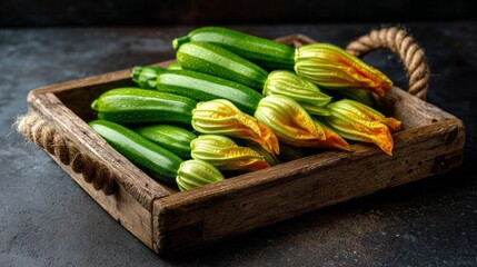 Fresh garden zucchini and delicate squash blossoms arranged in a rustic wooden tray for healthy cooking