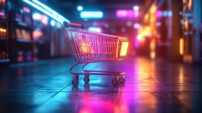 Shopping cart under vibrant neon lights, reflecting on polished floor in a store aisle