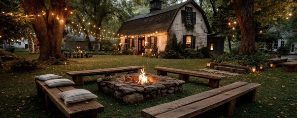 Cozy backyard gathering by the fire pit with string lights near a rustic cottage