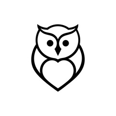 Stylized black and white owl with heart shaped body on transparent background