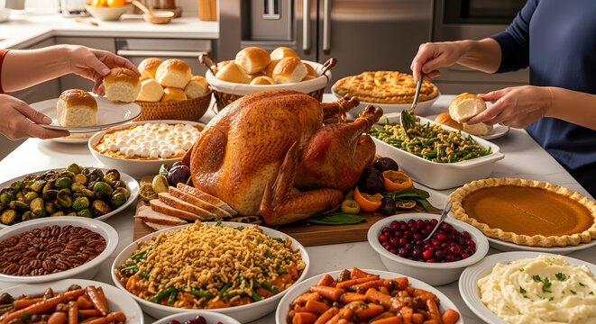 Family gathering around a bountiful Thanksgiving feast with a golden roasted turkey and various side dishes.