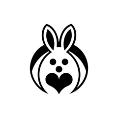 Stylized rabbit with heart nose in black and white art on transparent background