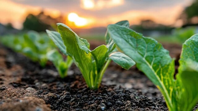 Close-up shot of young green spinach plants growing in dark soil with a blurred sunset sky
