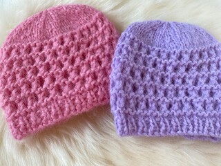  pair of hand knit fluffy hats 