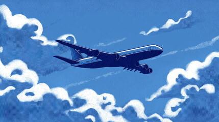 Naklejka premium Imagem conceitual de avião em voo entre nuvens claras, associada a turismo, viagens, transporte aéreo e liberdade de movimento.