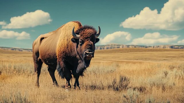 Majestic bison standing in open grassland with clear sky above