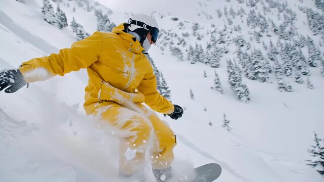 Thrilling snowboard descent in pristine mountain powder with speed and technique