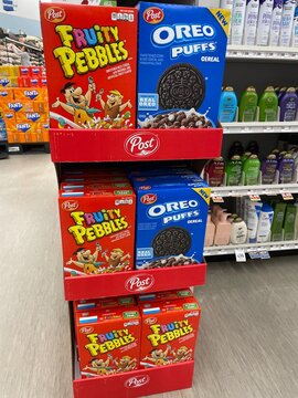Grocery store POST Fruity Pebbles and Oreo cereal display