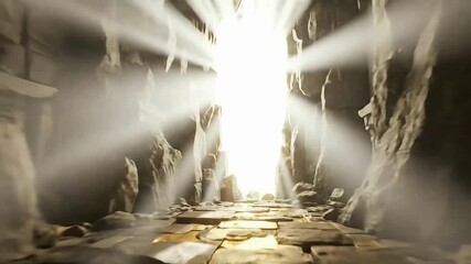 Mysterious cave tunnel revealing brilliant light at the end with ancient architecture and stone passageway adventure awaits - Powered by Adobe