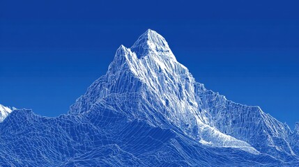 a solid blue background, with a white, blueprint of a mountain. the background must be solid blue.
