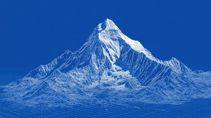 a solid blue background, with a white, blueprint of a mountain. the background must be solid blue.
