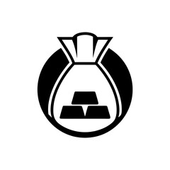 A bag with gold bars inside a circular black shape on transparent background