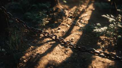 A rusted chain casts long shadows on the ground
