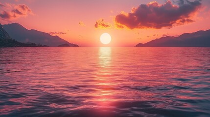 Sunset over calm ocean, mountains silhouette distant shore, pink and orange sky
