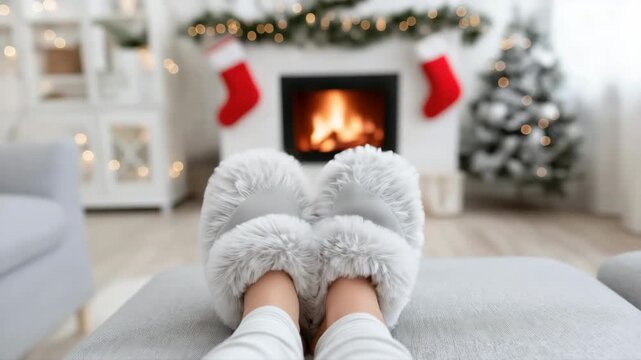 Cozy winter evening: relaxing by the fireplace in festive slippers