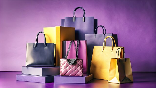 A stylish arrangement of shopping bags and gift boxes in various colors, set against a purple background, showcasing a modern and elegant shopping concept with a touch of luxury and sophistication.