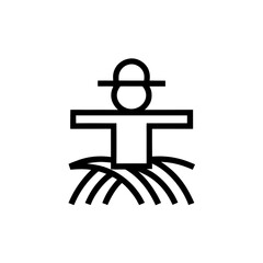 Stylized scarecrow with hat in field line drawing on transparent background