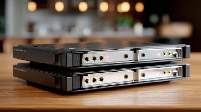 Stack of drive trays with indicators on wooden surface in modern interior setting