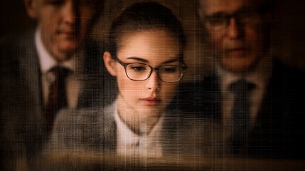 A focused woman in glasses works intently on a task while two men observe her, creating a sense of intensity and collaboration in a professional setting.