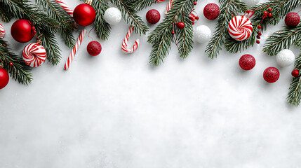 Minimal Christmas background with fir branches, red and white ornaments, and candy canes, creating a festive frame with empty space for text.