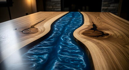 Close up live edge river table wooden countertop with epoxy resin surface