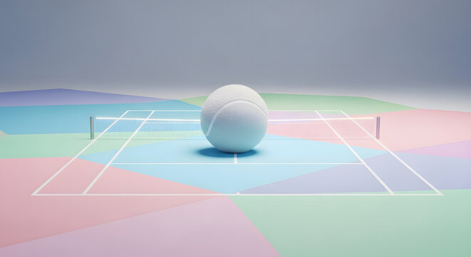Artistic tennis sport game on colorful ground with 3d rendering minimalist