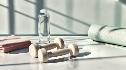 Modern fitness still life with dumbbells, a water bottle, a yoga mat, and a towel arranged in soft natural light.