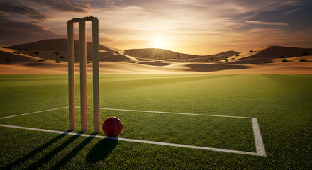 Cricket Scene with Wickets Ball and Desert Landscape on Background at Sunset Time