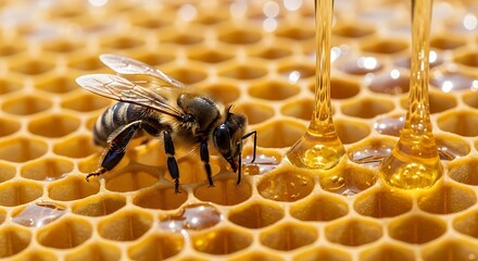 Honeybee Collecting Honey on Wooden Hive with Dripping Honey
