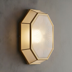 Octagonal gold sconce casts bright starburst light pattern on modern grey textured wall