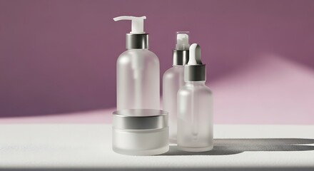 Obraz premium Minimalist Clear Cosmetic Bottles and Jar on Pink Background for Beauty and Skincare Products