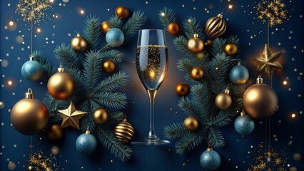 A sophisticated New Year’s setup featuring a champagne glass with gold ornaments and pine branches, surrounded by festive lights and creating a luxurious and celebratory mood.