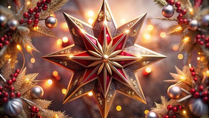 Golden Christmas Star Ornament with Glittery Red Accents and Holiday Garland