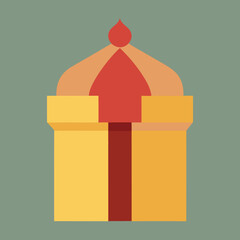Stylized yellow gift box with red ribbon and dome top