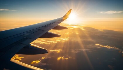 A serene view from an airplane window shows the wing glowing under sunrise light, casting golden beams across the sky and clouds—capturing the beauty of flight and atmospheric wonder.