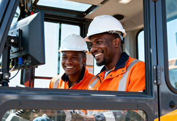 Two smiling construction workers in a heavy machinery cab. Black male colleagues using a computer for on-the-job training. Teamwork and industrial technology concept