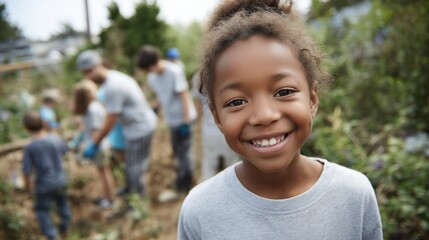 A group of children engages in community service outdoors, working together to improve their environment. The cheerful girl stands in the foreground, clearly part of this meaningfu