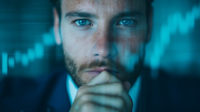 A focused businessman contemplating financial data, with blue graphical elements suggesting analysis and strategy in a modern, tech-savvy environment.