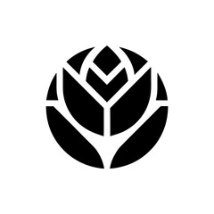 Stylized black rose design in circular arrangement on transparent background