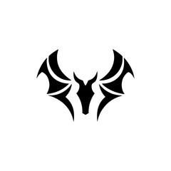 Stylized bat with horns and wings in black silhouette on transparent background