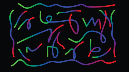 Abstract Neon Gradient Lines and Squiggles Pattern on Black Background with Vibrant Colors and Dynamic Energy