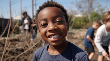 A group of children engages in community service by planting in a garden. The focused boy in the front works diligently alongside others, all contributing to their shared project.