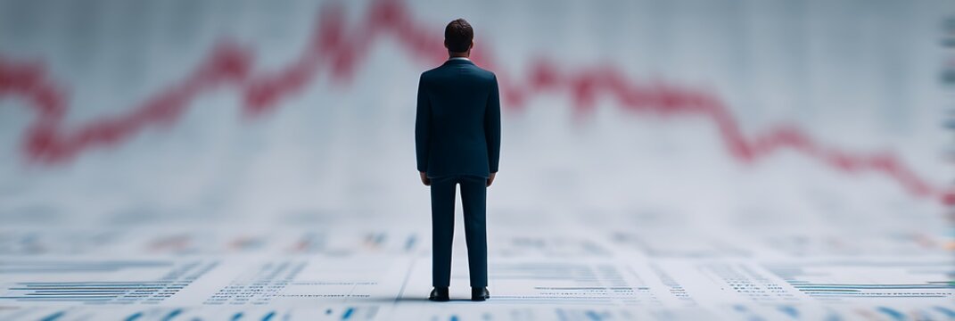 A businessman stands before a fluctuating line graph, symbolizing market trends, uncertainty, and decision-making in a financial context.