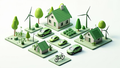 Green isometric city block showcases eco friendly houses wind turbines, electric cars. Sustainable urban living with clean energy resources, nature elements promotes eco conscious lifestyle choices.