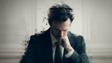 A somber man in a suit appears to fragment, symbolizing stress or emotional turmoil, set against a blurred, urban backdrop.