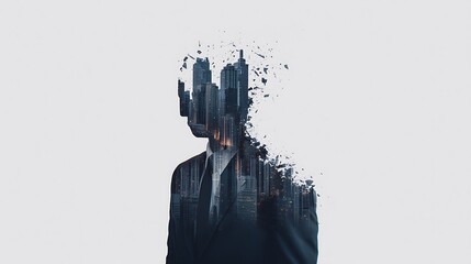 A double exposure image of a suited figure blending into a cityscape, symbolizing the connection between humanity and urban life.
