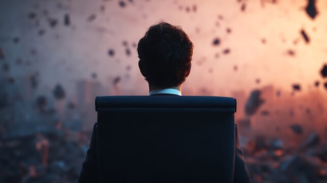 A person sits in a chair, facing an explosive, chaotic scene, suggesting a moment of reflection or decision amidst turmoil.