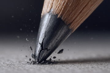 Macro shot of pencil tip breaking on paper creating dramatic graphite debris concept for creative challenges and artistic frustration