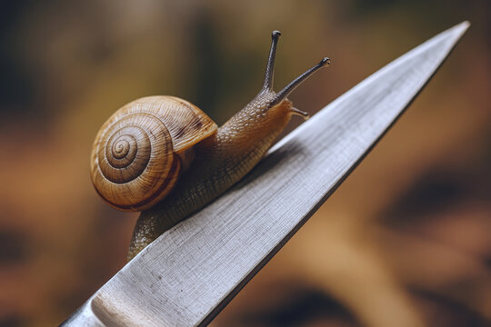 Snail balancing on the sharp edge of a blade, concept for risk and moving cautiously through life