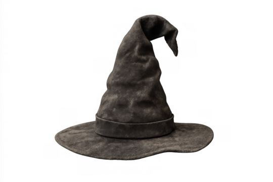 Wizard hat representing magic, fantasy, and mystery with a worn, aged appearance on a transparent background
